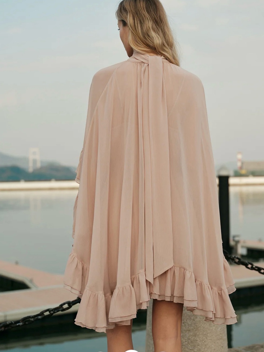 Commense Semi-Sheer Chiffon Ruffle Dress with Outer Cape - Black - XL - Picture 10 of 10